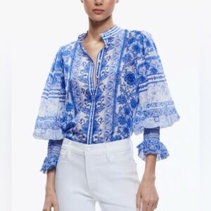 Alice + Olivia IIan Smocked Sleeve Button Front Blouse